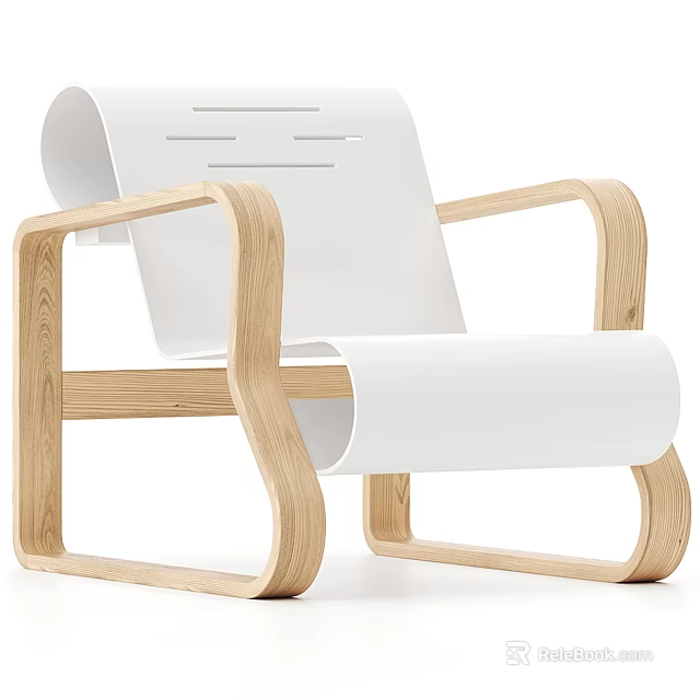 Modern Curved Natural Wood Frame White Upholstered Lounge Chair With Sleek Lines 3d model 