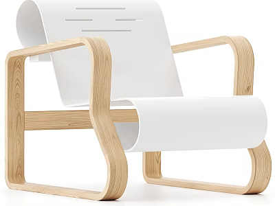 Modern Curved Natural Wood Frame White Upholstered Lounge Chair With Sleek Lines 3d model