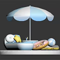 Cute Summer Baby Pool Setup With Blue White Umbrella Float Ring And Star Toy