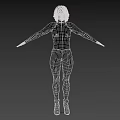 Woman In Sleek Black Leather Bodysuit With Arms Outstretched Against Gray Background