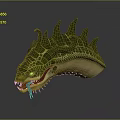 Green Spiked Mythical Creature Head With Scaly Texture Yellow Eyes And Red Tongue