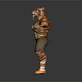 Man In Tiger Patterned Costume With Outstretched Arms Tiger Head Mask And Green Pants