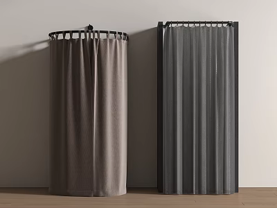 Textured Brown And Gray Curtains Hanging In Interior Display With White Wall And Wood Floor 3d model