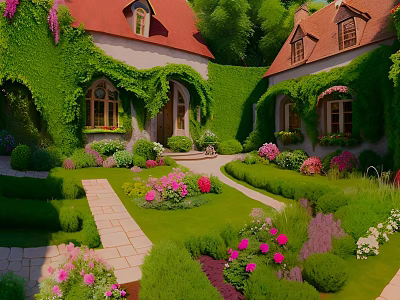 Modern Garden With Ivy Covered Buildings Red Roofs Colorful Flowers And Stone Paths 3d model
