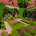 Modern Garden With Ivy Covered Buildings Red Roofs Colorful Flowers And Stone Paths