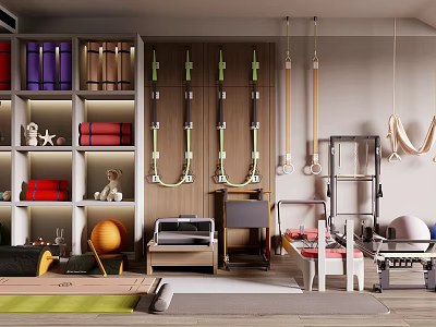 Home Gym Sports Equipment Including Resistance Bands Wooden Pull-Up Bars Gymnastic Rings Yoga Ball 3d model