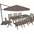 Outdoor Rectangular Stone Top Table With Wooden Chairs And Brown Umbrella 3d model