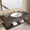 Contemporary Bathroom Vanity With Dark Countertop White Round Basin Mirror Toiletries And Shelves With Towels