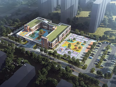 Well Designed School Building With Green Roof Playground And Parking Lot Surrounded By Trees 3d model