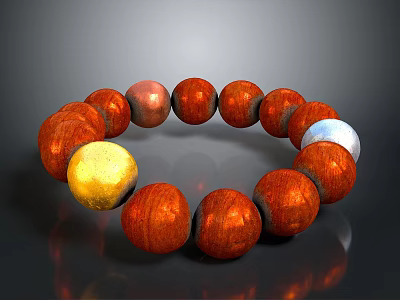 Wooden Bracelet With Red Gold And Silver Shiny Beads For Daily Wear 3d model