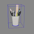 White Speckled Pen Holder With Assorted Pens And Wooden Memo Pad