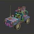 Blue Military Style Off Road Vehicle With Roof Equipment Antenna And Large Wheels