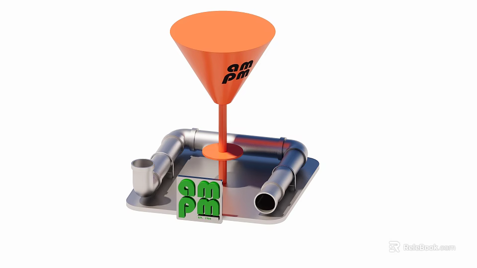 Vibrant Check in Photo Spot With Orange Funnel Metal Pipes And PM PM Green Logo 3d model 