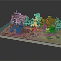 Cartoon Style Fantasy Scene with Castles Buildings Water Areas and Boats