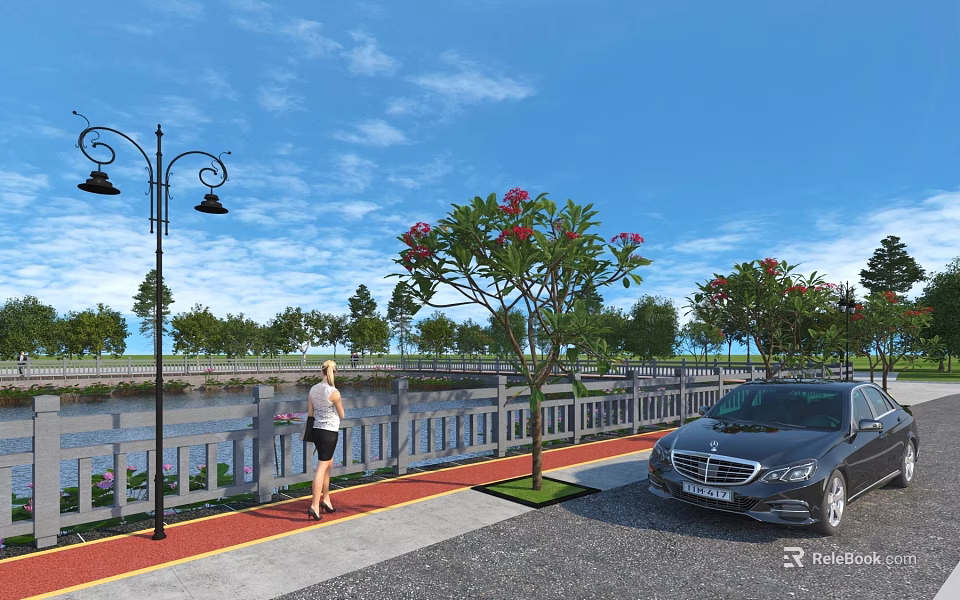 Scenic Riverside Fence Along Pedestrian Sidewalk With Street Lamps Flowering Trees And Parked Car 3d model 