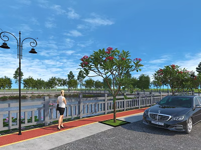 Scenic Riverside Fence Along Pedestrian Sidewalk With Street Lamps Flowering Trees And Parked Car 3d model