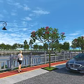 Scenic Riverside Fence Along Pedestrian Sidewalk With Street Lamps Flowering Trees And Parked Car