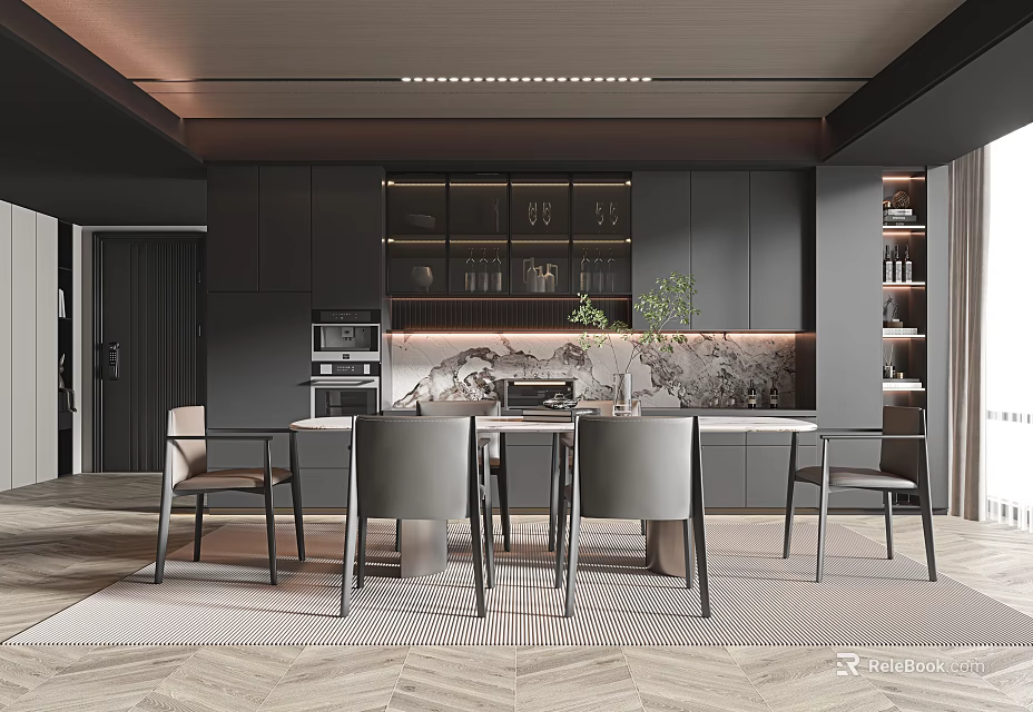 Modern Restaurant Interior With Dark Cabinets Dining Table Chairs And Decorative Wall Lighting 3d model