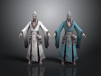Two Men in Ancient Style White and Blue Robes with Long Hair and Decorative Belts 3d model
