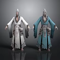 Two Men in Ancient Style White and Blue Robes with Long Hair and Decorative Belts
