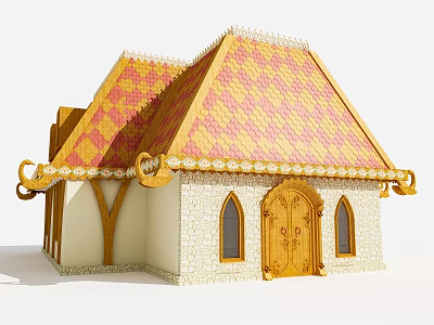 Fairy Tale Style Cottage With Checkered Red Yellow Roof White Stone Walls And Arched Windows 3d model