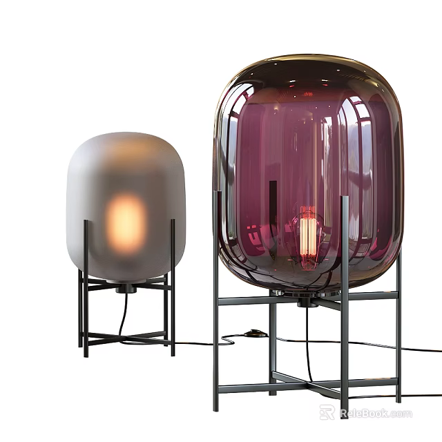 Modern Floor Lamps White Frosted And Purple Transparent Shades Black Metal Stands Warm Glowing Light 3d model 