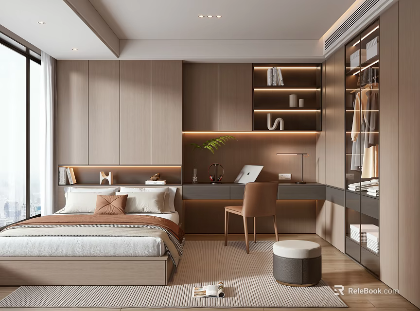 Modern Tatami Bedroom Interior With Wooden Furniture Writing Desk And Built in Wardrobe 3d model 