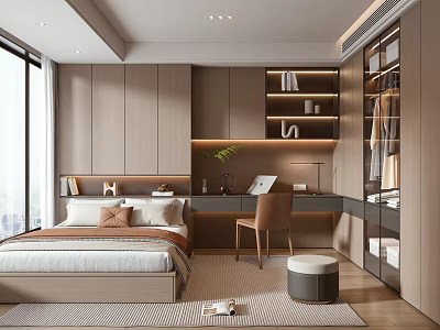 Modern Tatami Bedroom Interior With Wooden Furniture Writing Desk And Built in Wardrobe 3d model