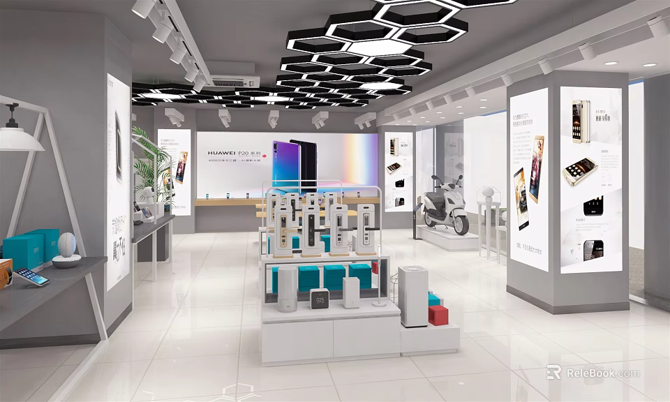 Digital Store Interior With Display Shelves Digital Products And Modern Ceiling Design 3d model 