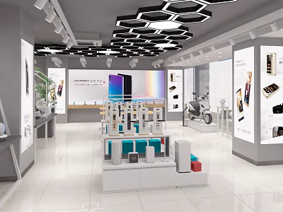 Digital Store Interior With Display Shelves Digital Products And Modern Ceiling Design 3d model