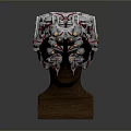 Futuristic Mechanical Head Weapon with Multiple Metallic Barrels Red Wiring and Brown Base