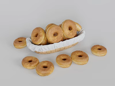 Freshly Baked Golden Brown Donuts in Wicker Basket with Scattered Ones Around 3d model