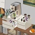 Colorful Ceramic Mugs on White Drawer Cabinet Coffee Station with Coffee Machine and Green Plant
