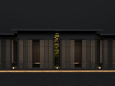 Minimalist Modern Black Restaurant Featuring Large Glass Curtain Walls Central Greenery And Evening Lighting 3d model