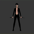 Character In Black Uniform Hat Holding Whip Bare Chest Black Pants Boots Gray Background