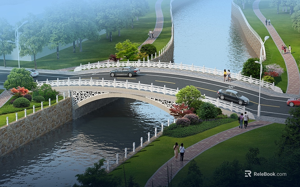 Scenic Arch Bridge Featuring White Railing Spanning River With Lush Greenery Pedestrians And Vehicles 3d model 