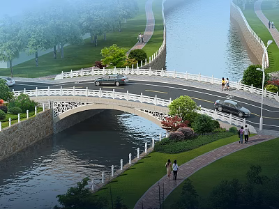Scenic Arch Bridge Featuring White Railing Spanning River With Lush Greenery Pedestrians And Vehicles 3d model