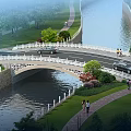 Scenic Arch Bridge Featuring White Railing Spanning River With Lush Greenery Pedestrians And Vehicles