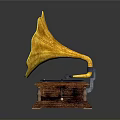Vintage Gramophone Classic Design with Yellow Horn Black Record and Wooden Base