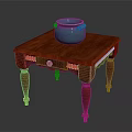 Reddish Brown Wooden Square Table with Carved Details Drawer and Blue Ceramic Jar on Top