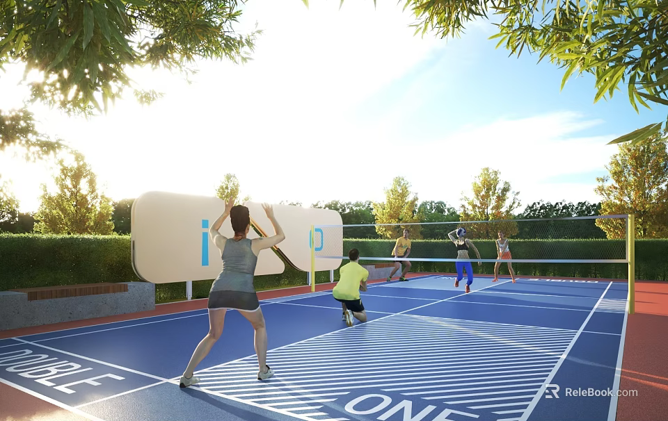 Group Of People Playing Pickleball On Outdoor Court Under Sunny Sky 3d model 