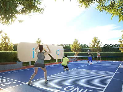 Group Of People Playing Pickleball On Outdoor Court Under Sunny Sky 3d model
