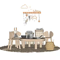 Kids Table with Rabbit Ear Chairs Play Kitchen Toys Cloud Decor and Woven Rug