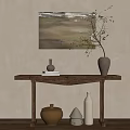 Natural Wooden Console Table with Wall Painting Decorative Vases and Ornaments
