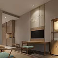 Elegant Modern Hotel Room Interior With Comfortable Bed Decorative Painting And Wooden Furniture