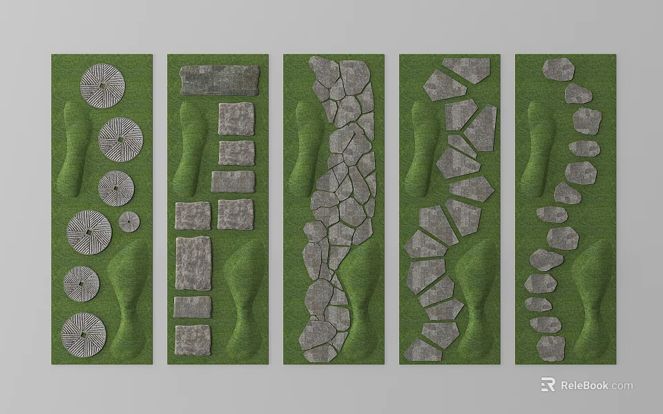 Stepping Stones Garden Landscape Design With Various Stone Shapes And Green Grass 3d model 