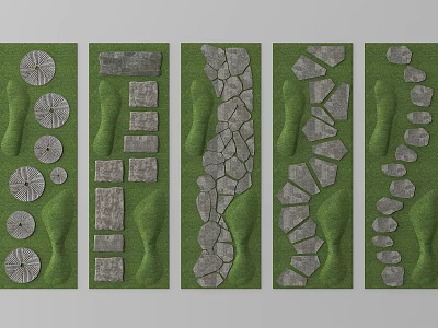 Stepping Stones Garden Landscape Design With Various Stone Shapes And Green Grass 3d model