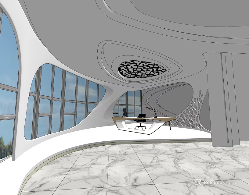 Modern Office Interior Design With Large Windows Unique Ceiling And Marble Floor 3d model