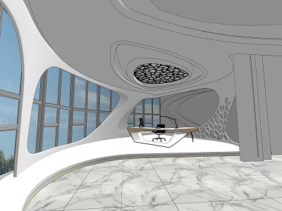 Modern Office Interior Design With Large Windows Unique Ceiling And Marble Floor 3d model