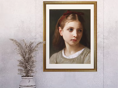 Classic Portrait Painting of Young Girl with Red Hair Ribbon and Golden Frame 3d model
